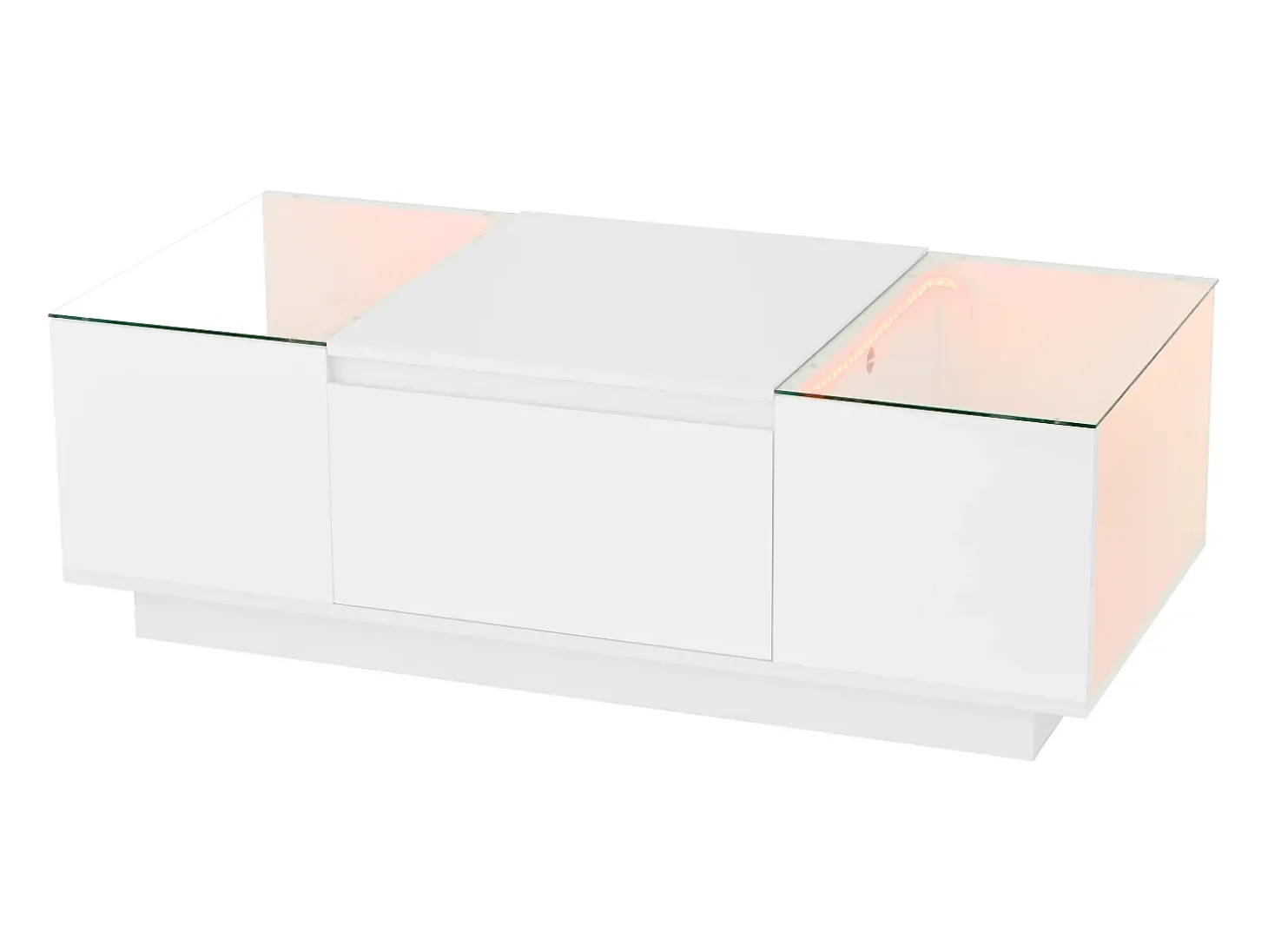 Mesa de centro branca com 2 gavetas, iluminação LED e tampo em vidro 105x50x35cm