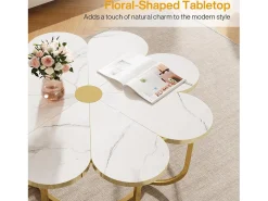 Mesa de centro branca e dourada, mesa de centro moderna em forma de flor de 100 cm com tampo em mármore falso, mesa central com detalhes florais e estrutura metálica para sala de estar, quarto