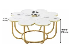 Mesa de centro branca e dourada, mesa de centro moderna em forma de flor de 100 cm com tampo em mármore falso, mesa central com detalhes florais e estrutura metálica para sala de estar, quarto