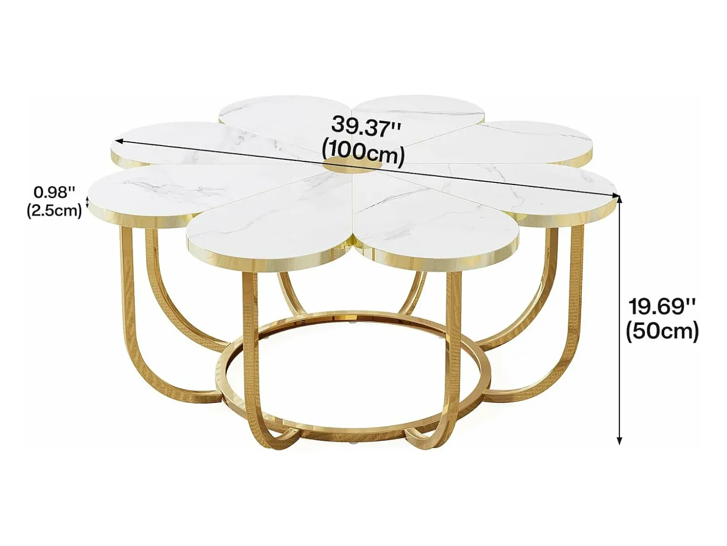 Mesa de centro branca e dourada, mesa de centro moderna em forma de flor de 100 cm com tampo em mármore falso, mesa central com detalhes florais e estrutura metálica para sala de estar, quarto