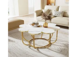 Mesa de centro branca e dourada, mesa de centro moderna em forma de flor de 100 cm com tampo em mármore falso, mesa central com detalhes florais e estrutura metálica para sala de estar, quarto