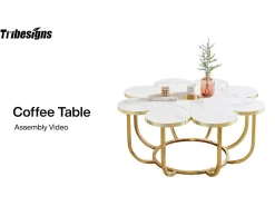 Mesa de centro branca e dourada, mesa de centro moderna em forma de flor de 100 cm com tampo em mármore falso, mesa central com detalhes florais e estrutura metálica para sala de estar, quarto