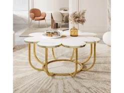 Mesa de centro branca e dourada, mesa de centro moderna em forma de flor de 100 cm com tampo em mármore falso, mesa central com detalhes florais e estrutura metálica para sala de estar, quarto
