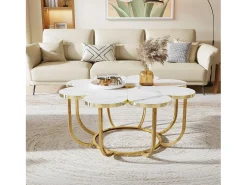 Mesa de centro branca e dourada, mesa de centro moderna em forma de flor de 100 cm com tampo em mármore falso, mesa central com detalhes florais e estrutura metálica para sala de estar, quarto