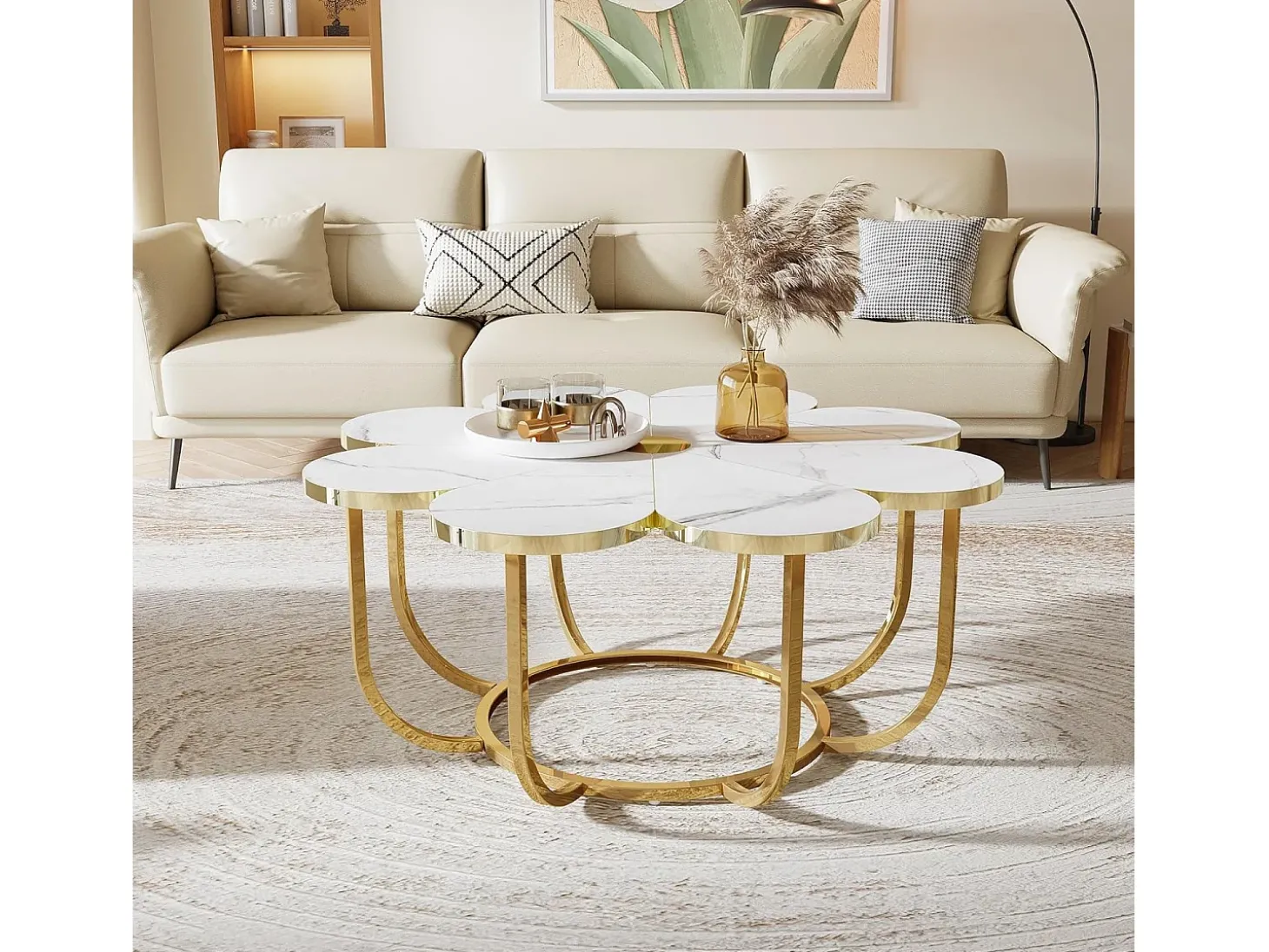 Mesa de centro branca e dourada, mesa de centro moderna em forma de flor de 100 cm com tampo em mármore falso, mesa central com detalhes florais e estrutura metálica para sala de estar, quarto