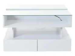 Mesa de centro branca elevável com 2 gavetas, iluminação LED e arrumação, tampo em vidro semi-temperado