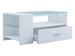 Mesa de centro branca Tindala design 100x50 cm com tampo de vidro, 1 gaveta e 3 espaços de arrumação