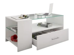 Mesa de centro branca Tindala design 100x50 cm com tampo de vidro, 1 gaveta e 3 espaços de arrumação