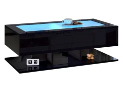 Mesa de centro brilhante 100×50×35 cm - 2 gavetas - com iluminação LED - tampo de vidro - painel de partículas - preto