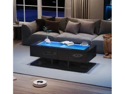 Mesa de centro brilhante 100×50×35 cm - 2 gavetas - com iluminação LED - tampo de vidro - painel de partículas - preto