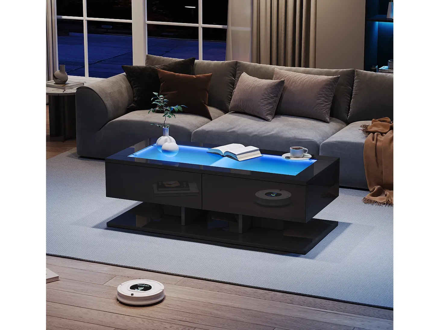 Mesa de centro brilhante 100×50×35 cm - 2 gavetas - com iluminação LED - tampo de vidro - painel de partículas - preto