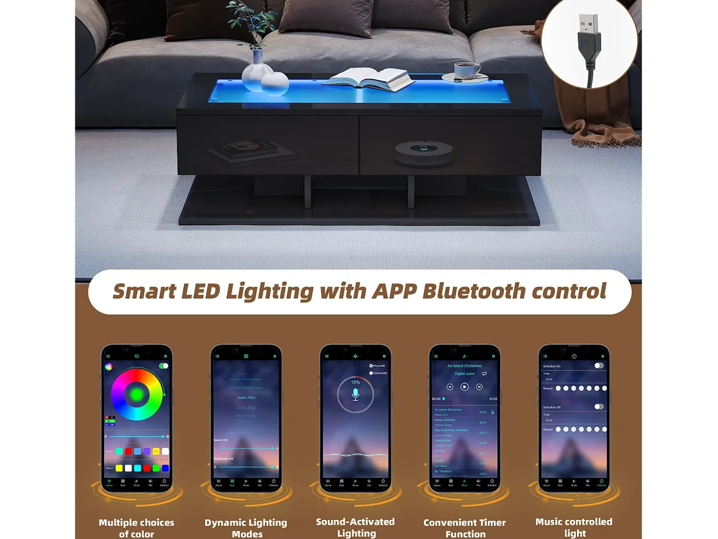 Mesa de centro brilhante 100×50×35 cm - 2 gavetas - com iluminação LED - tampo de vidro - painel de partículas - preto
