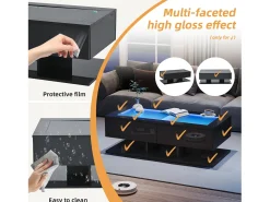 Mesa de centro brilhante 100×50×35 cm - 2 gavetas - com iluminação LED - tampo de vidro - painel de partículas - preto