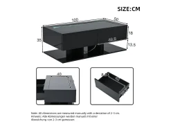 Mesa de centro brilhante 100×50×35 cm - 2 gavetas - com iluminação LED - tampo de vidro - painel de partículas - preto