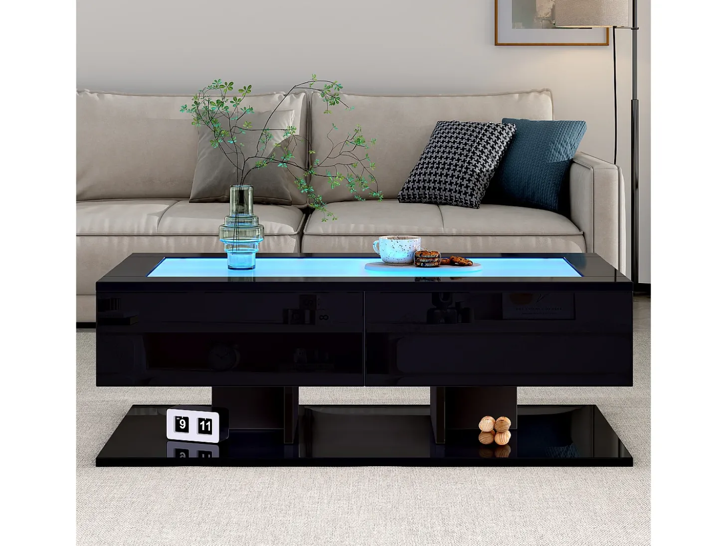 Mesa de centro brilhante 100×50×35 cm - 2 gavetas - com iluminação LED - tampo de vidro - painel de partículas - preto