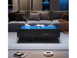 Mesa de centro brilhante 100×50×35 cm - 2 gavetas - com iluminação LED - tampo de vidro - painel de partículas - preto