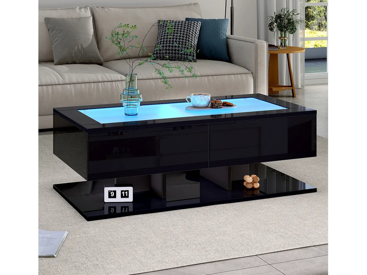 Mesa de centro brilhante 100×50×35 cm - 2 gavetas - com iluminação LED - tampo de vidro - painel de partículas - preto