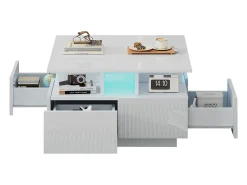 Mesa de centro brilhante - 70 x 70 x 40 cm - com LEDs + 4 gavetas - Aglomerado - branco