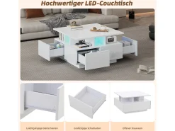 Mesa de centro brilhante - 70 x 70 x 40 cm - com LEDs + 4 gavetas - Aglomerado - branco