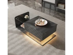 Mesa de centro brilhante - 100 x 50 x 33/47,5 cm - com tampo de vidro + LEDs + armazenamento - aglomerado - preto