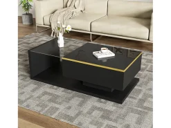Mesa de centro brilhante - 100 x 50 x 32,5 cm - com vidro + efeito LED + armazenamento - aglomerado - preto