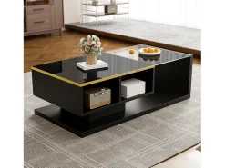Mesa de centro brilhante - 100 x 50 x 32,5 cm - com vidro + efeito LED + armazenamento - aglomerado - preto