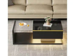 Mesa de centro brilhante - 100 x 50 x 32,5 cm - com vidro + efeito LED + armazenamento - aglomerado - preto