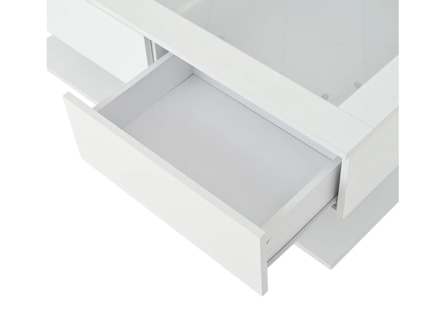Mesa de centro brilhante 100×50×35 cm - 2 gavetas - com iluminação LED - tampo de vidro - painel de partículas - branco