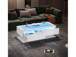 Mesa de centro brilhante 100×50×35 cm - 2 gavetas - com iluminação LED - tampo de vidro - painel de partículas - branco
