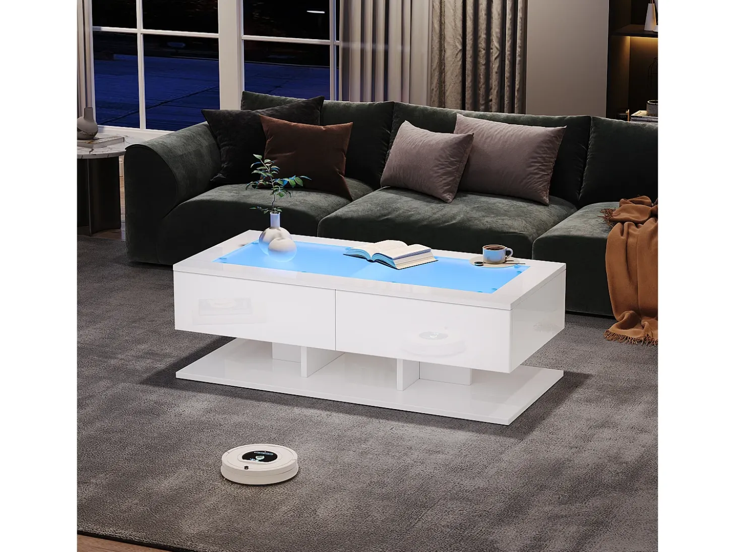 Mesa de centro brilhante 100×50×35 cm - 2 gavetas - com iluminação LED - tampo de vidro - painel de partículas - branco