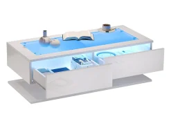 Mesa de centro brilhante 100×50×35 cm - 2 gavetas - com iluminação LED - tampo de vidro - painel de partículas - branco