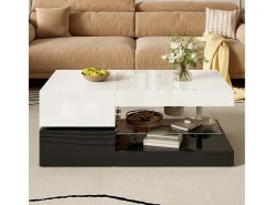 Mesa de centro brilhante - 90 x 45 x 35,5 cm - com LEDs + prateleira de vidro - aglomerado - branco + preto