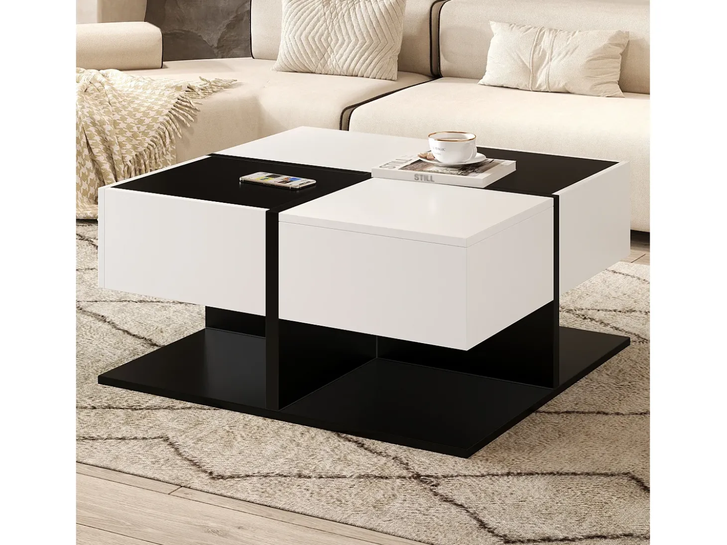 Mesa de centro brilhante 70×70×35,5 cm - quadrada - com 2 gavetas - painel de partículas - preto e branco
