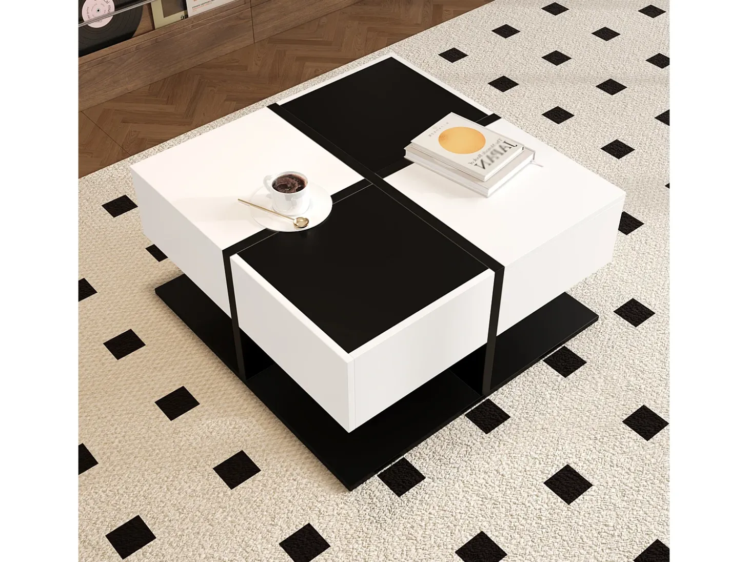 Mesa de centro brilhante 70×70×35,5 cm - quadrada - com 2 gavetas - painel de partículas - preto e branco