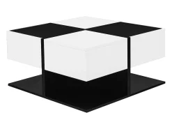 Mesa de centro brilhante 70×70×35,5 cm - quadrada - com 2 gavetas - painel de partículas - preto e branco