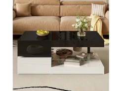 Mesa de centro brilhante 90×45×35,5 cm - com iluminação LED - prateleira de vidro - painel de partículas - preto + branco