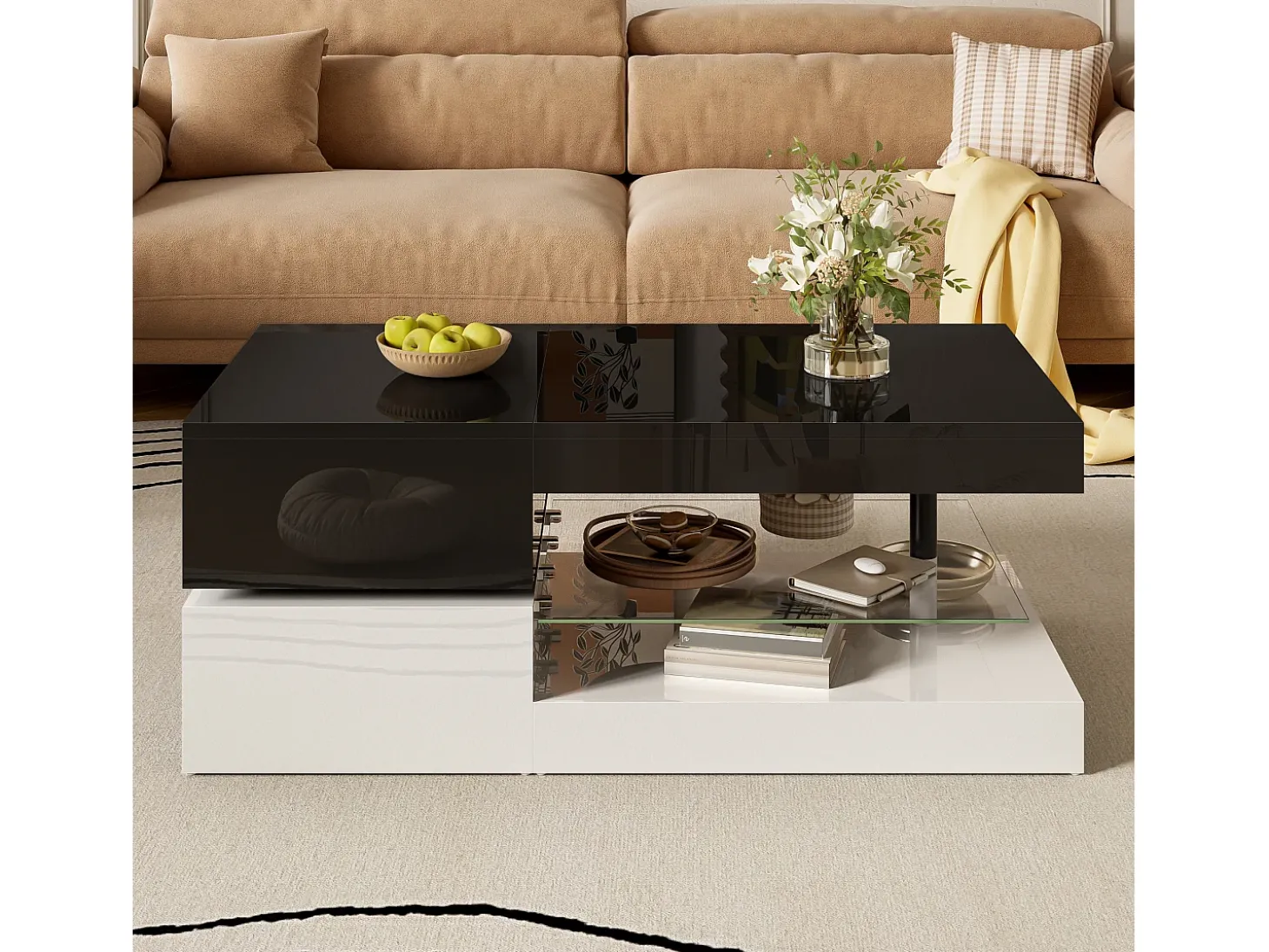 Mesa de centro brilhante 90×45×35,5 cm - com iluminação LED - prateleira de vidro - painel de partículas - preto + branco