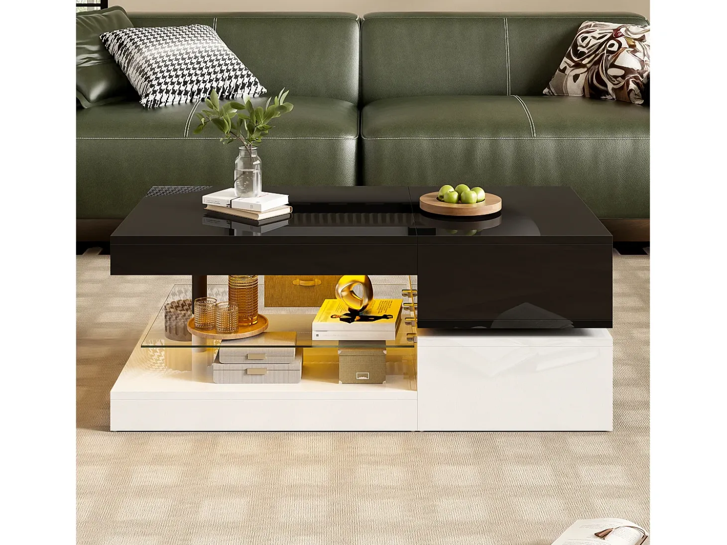 Mesa de centro brilhante 90×45×35,5 cm - com iluminação LED - prateleira de vidro - painel de partículas - preto + branco