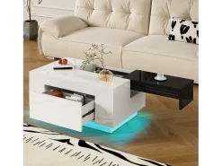Mesa de centro brilhante - 80 x 50 x 35,5 cm - tampo extensível + 1 gaveta + LEDs - MDF - branco