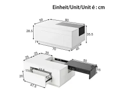 Mesa de centro brilhante - 80 x 50 x 35,5 cm - tampo extensível + 1 gaveta + LEDs - MDF - branco