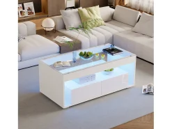 Mesa de centro brilhante 100x50x40 cm - com 2 gavetas - com iluminação LED - Tampos de vidro - Branco
