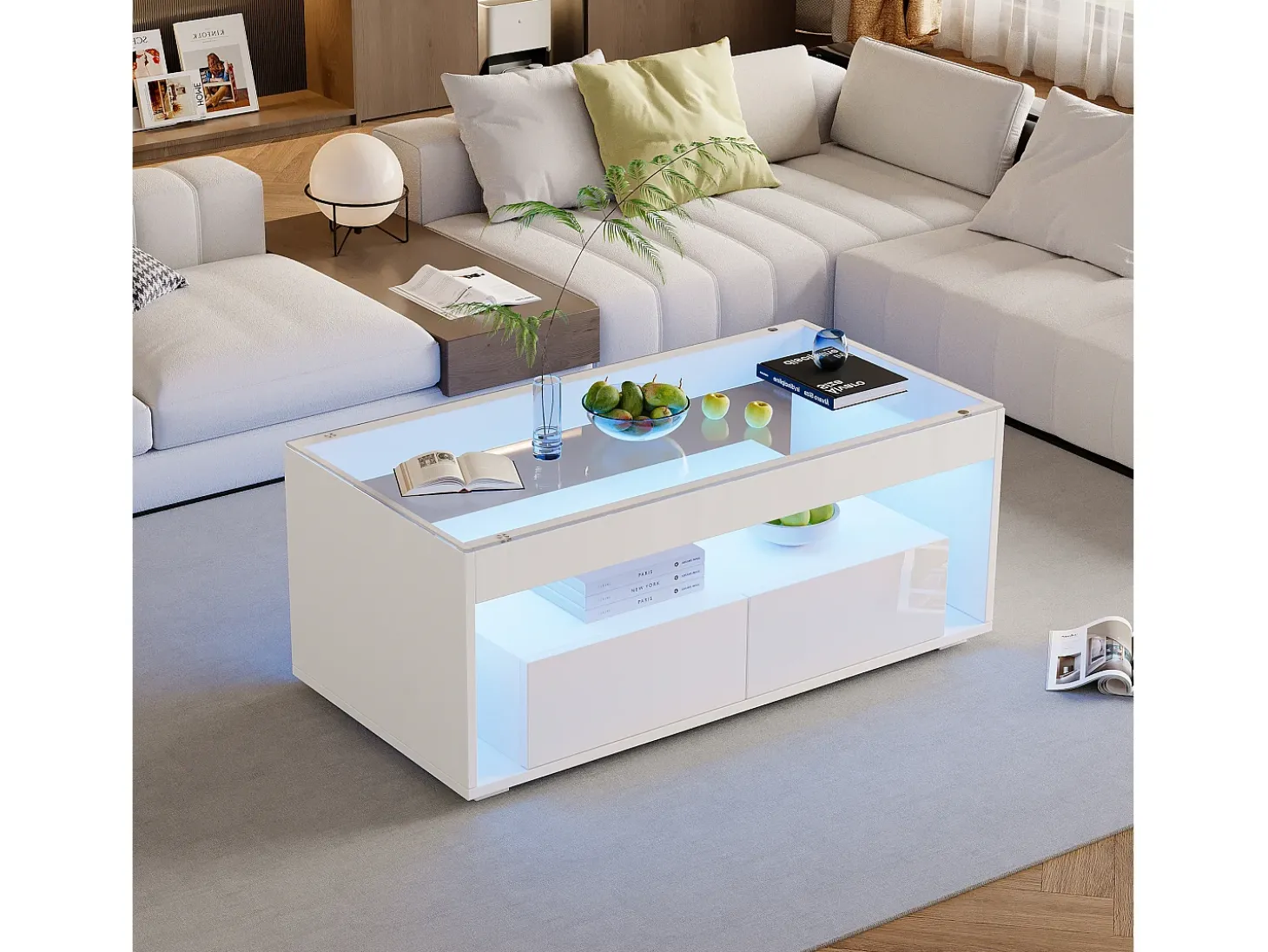 Mesa de centro brilhante 100x50x40 cm - com 2 gavetas - com iluminação LED - Tampos de vidro - Branco