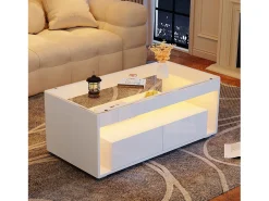 Mesa de centro brilhante 100x50x40 cm - com 2 gavetas - com iluminação LED - Tampos de vidro - Branco