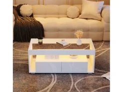 Mesa de centro brilhante 100x50x40 cm - com 2 gavetas - com iluminação LED - Tampos de vidro - Branco