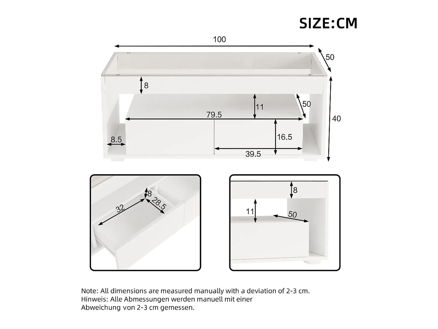 Mesa de centro brilhante 100x50x40 cm - com 2 gavetas - com iluminação LED - Tampos de vidro - Branco