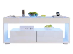 Mesa de centro brilhante 100x50x40 cm - com 2 gavetas - com iluminação LED - Tampos de vidro - Branco
