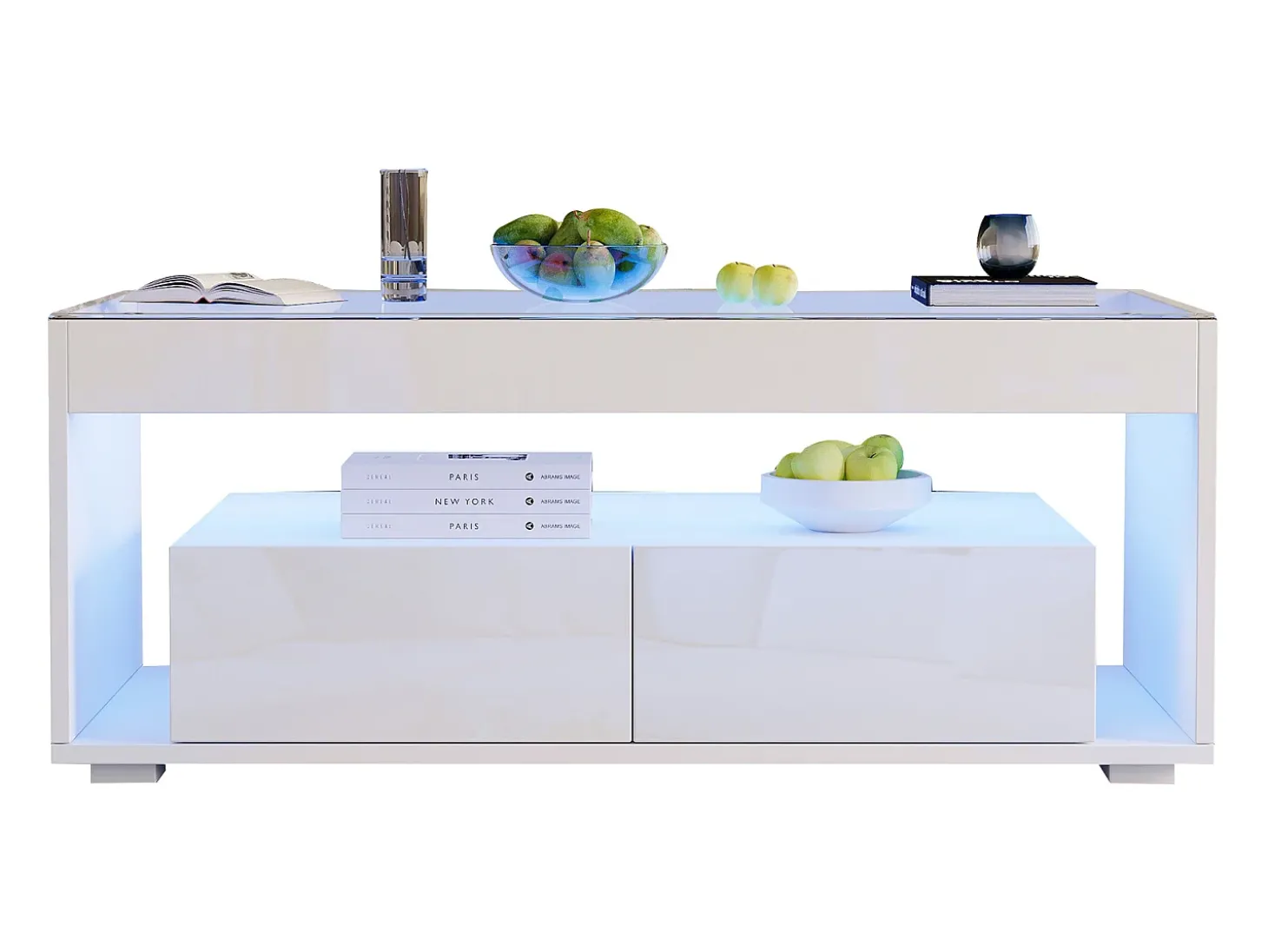 Mesa de centro brilhante 100x50x40 cm - com 2 gavetas - com iluminação LED - Tampos de vidro - Branco