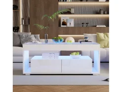 Mesa de centro brilhante 100x50x40 cm - com 2 gavetas - com iluminação LED - Tampos de vidro - Branco