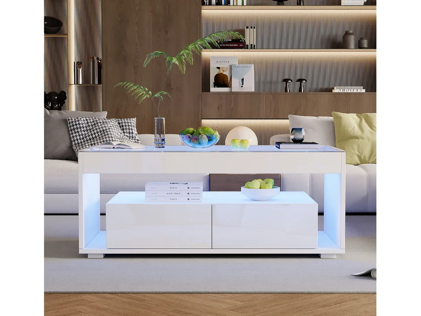 Mesa de centro brilhante 100x50x40 cm - com 2 gavetas - com iluminação LED - Tampos de vidro - Branco