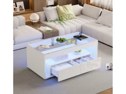 Mesa de centro brilhante 100x50x40 cm - com 2 gavetas - com iluminação LED - Tampos de vidro - Branco